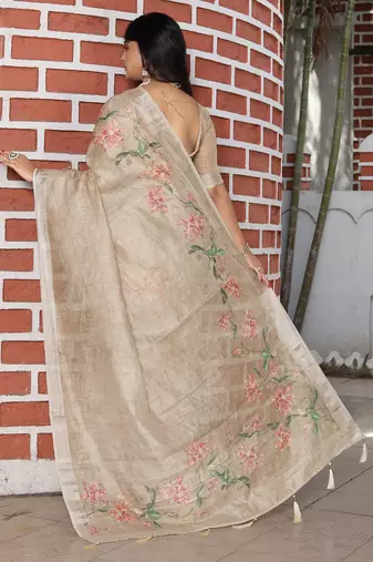 beige multicolor shimmer handloom cotton blend digital print saree