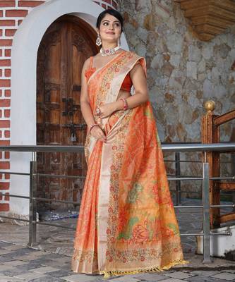 orange peach shimmer handloom cotton blend saree floral print 3