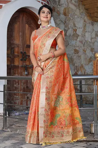 orange peach shimmer handloom cotton blend saree floral print