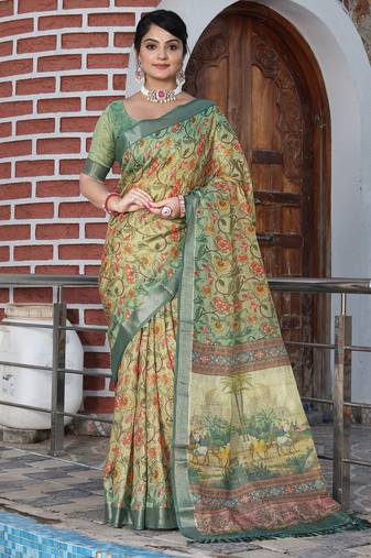beige olive shimmer handloom cotton blend saree with floral print