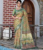beige olive shimmer handloom cotton blend saree with floral print (sfhcs303)