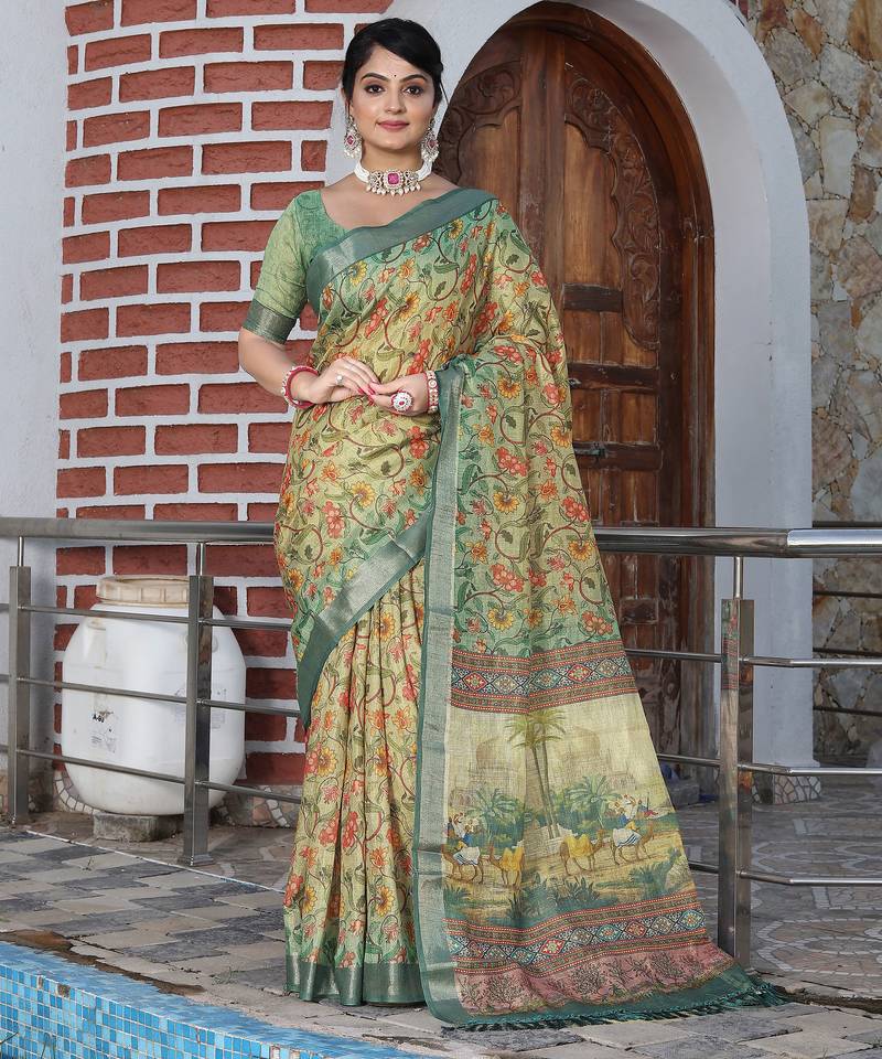 beige olive shimmer handloom cotton blend saree with floral print (sfhcs303)