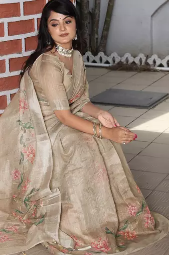 beige multicolor shimmer handloom cotton blend digital print saree