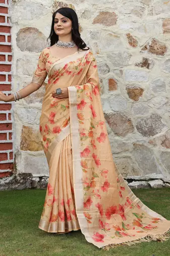 beige multicolor shimmer handloom cotton blend saree with floral print