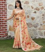 beige multicolor shimmer handloom cotton blend saree with floral print (sfhcs310)