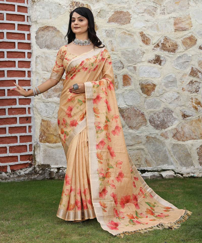 beige multicolor shimmer handloom cotton blend saree with floral print (sfhcs310)
