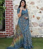 teal multicolor shimmer handloom cotton blend saree floral print