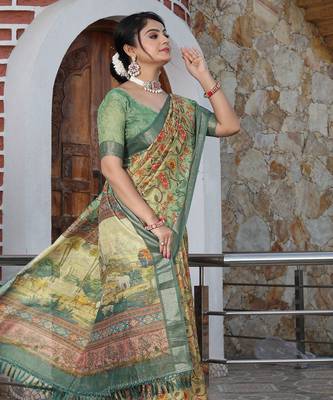 beige olive shimmer handloom cotton blend saree with floral print (sfhcs303) 3