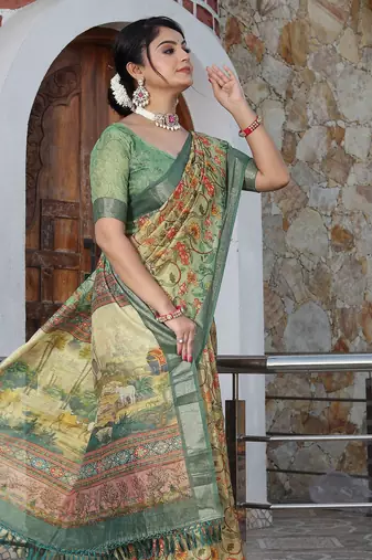 beige olive shimmer handloom cotton blend saree with floral print