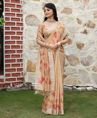 beige multicolor shimmer handloom cotton blend saree with floral print (sfhcs310) 2