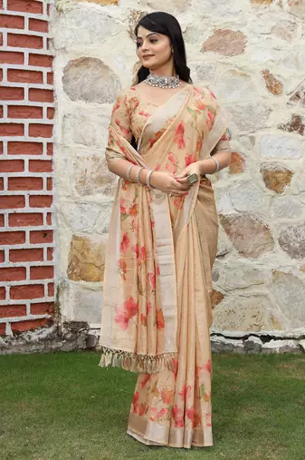 beige multicolor shimmer handloom cotton blend saree with floral print