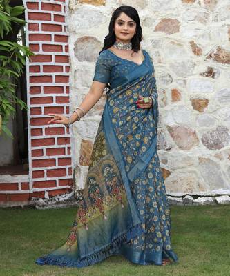 teal multicolor shimmer handloom cotton blend saree floral print 2