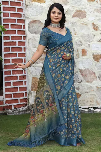 teal multicolor shimmer handloom cotton blend saree floral print