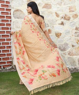 beige multicolor shimmer handloom cotton blend saree with floral print (sfhcs310) 3