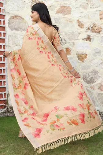 beige multicolor shimmer handloom cotton blend saree with floral print