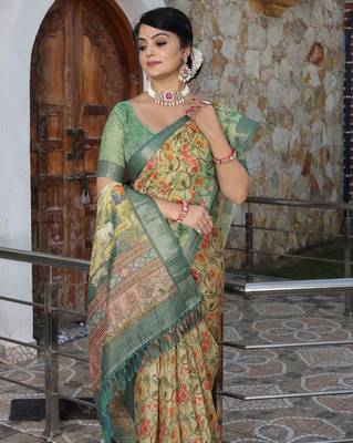 beige olive shimmer handloom cotton blend saree with floral print (sfhcs303) 5