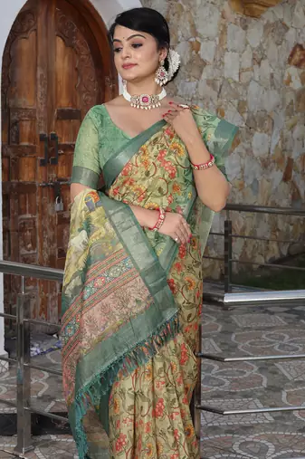 beige olive shimmer handloom cotton blend saree with floral print