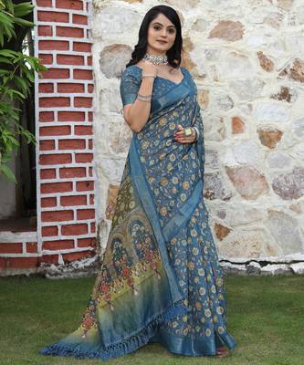 teal multicolor shimmer handloom cotton blend saree floral print 3