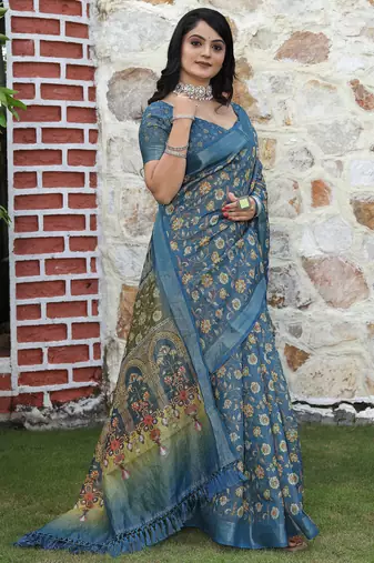 teal multicolor shimmer handloom cotton blend saree floral print