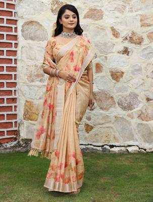 beige multicolor shimmer handloom cotton blend saree with floral print (sfhcs310) 4