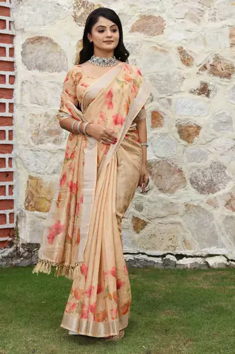 beige multicolor shimmer handloom cotton blend saree with floral print