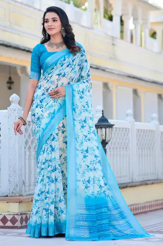 white blue cotton blend digital print saree