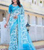 white blue cotton blend digital print saree (sfcl542)