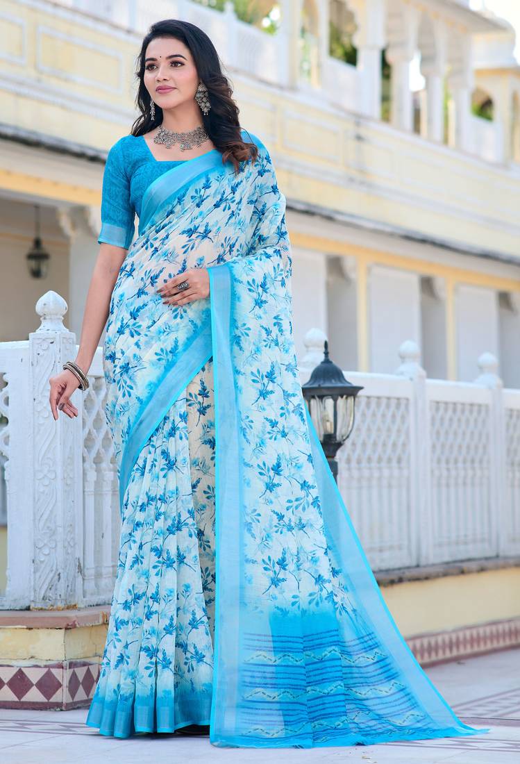 white blue cotton blend digital print saree (sfcl542)
