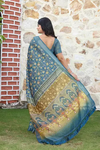 teal multicolor shimmer handloom cotton blend saree floral print