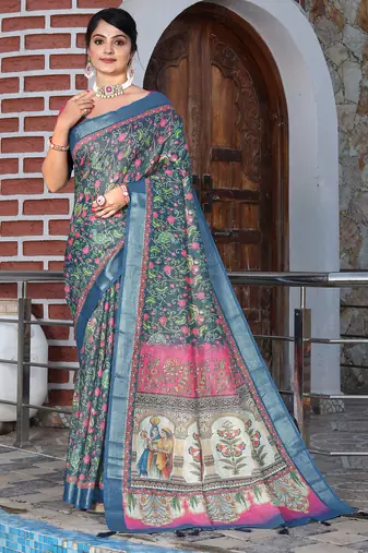 teal pink shimmer handloom cotton blend saree floral print