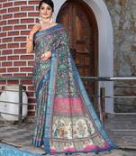 teal pink shimmer handloom cotton blend saree floral print