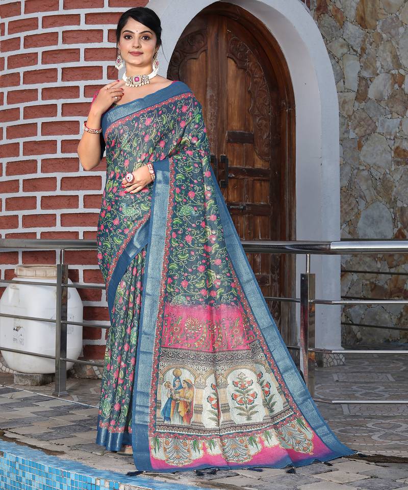 teal pink shimmer handloom cotton blend saree floral print