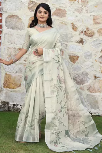 cream multicolor shimmer handloom cotton blend saree with floral border print