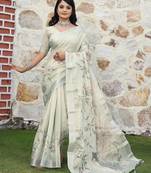 cream multicolor shimmer handloom cotton blend saree with floral border print