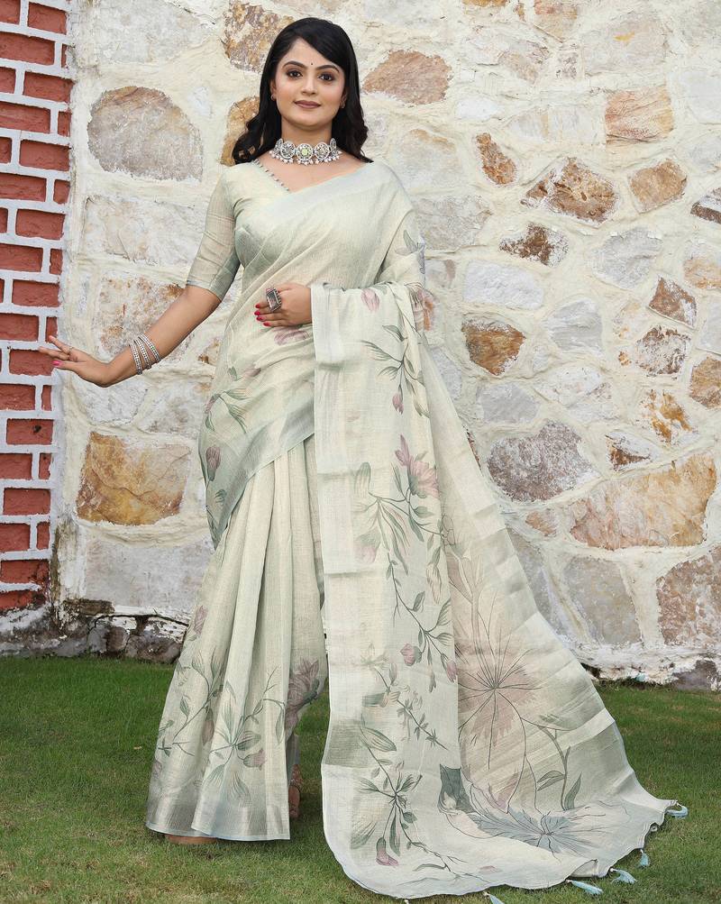 cream multicolor shimmer handloom cotton blend saree with floral border print