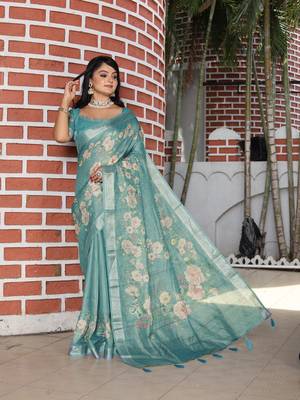 sea green multicolor shimmer handloom cotton blend saree with floral print 1