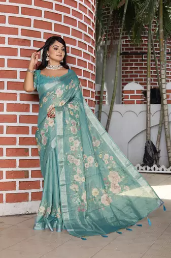sea green multicolor shimmer handloom cotton blend saree with floral print