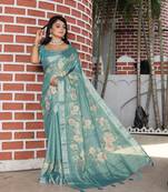 sea green multicolor shimmer handloom cotton blend saree with floral print