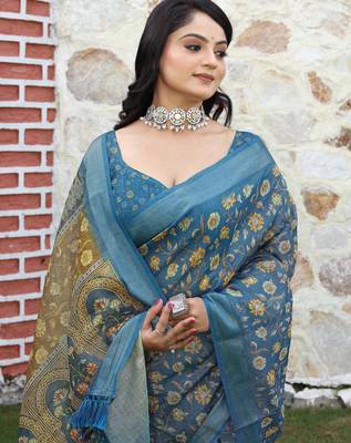 teal multicolor shimmer handloom cotton blend saree floral print 5