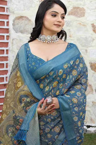 teal multicolor shimmer handloom cotton blend saree floral print