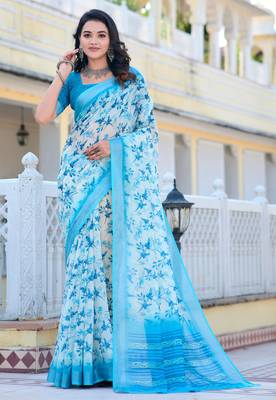 white blue cotton blend digital print saree (sfcl542) 2
