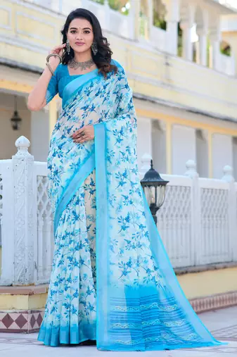 white blue cotton blend digital print saree
