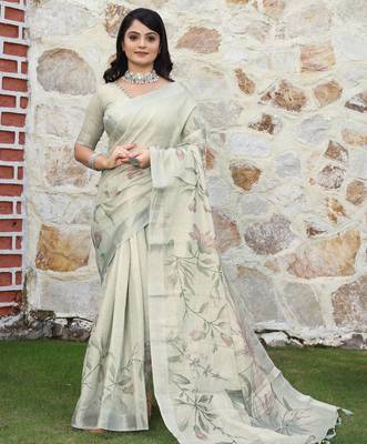 cream multicolor shimmer handloom cotton blend saree with floral border print 2