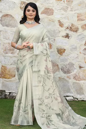 cream multicolor shimmer handloom cotton blend saree with floral border print