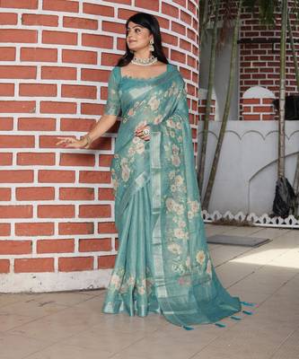 sea green multicolor shimmer handloom cotton blend saree with floral print 2