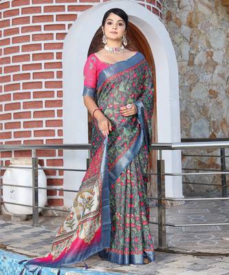 teal pink shimmer handloom cotton blend saree floral print 2