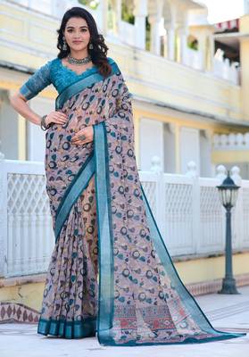 grey blue cotton blend saree with floral print 1