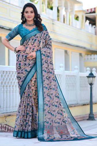 grey blue cotton blend saree with floral print