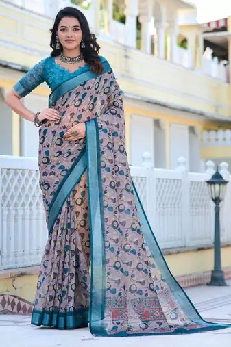grey blue cotton blend saree with floral print