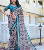 grey blue cotton blend saree with floral print